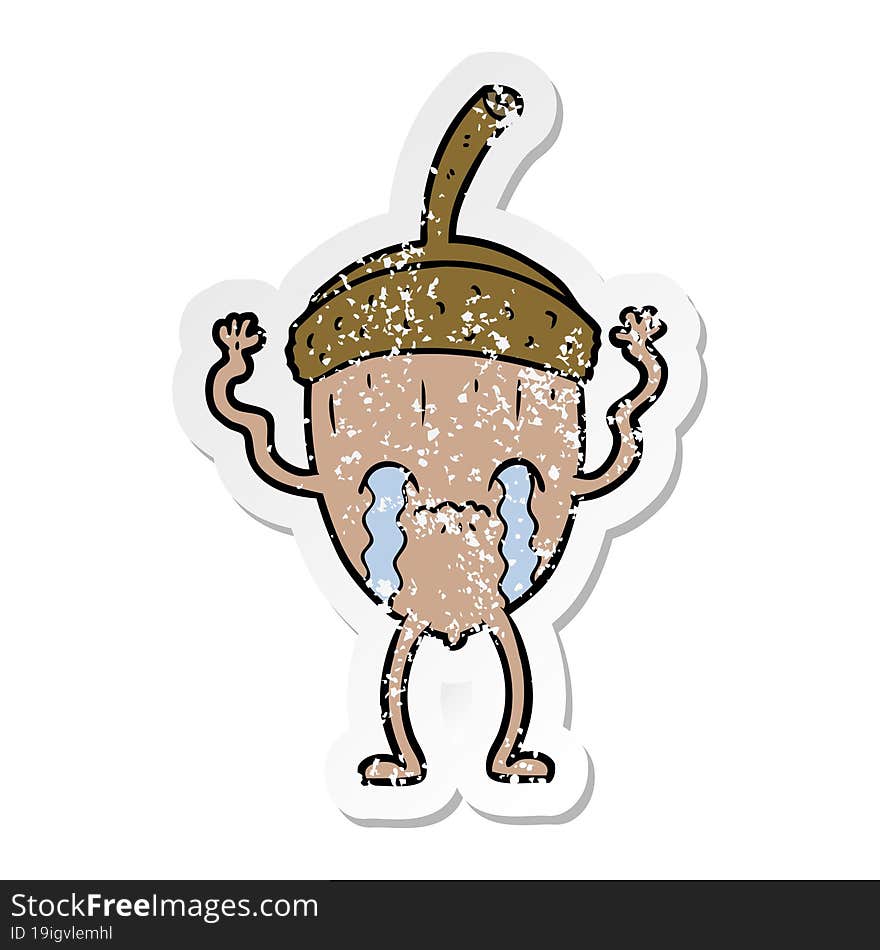 distressed sticker of a cartoon crying acorn