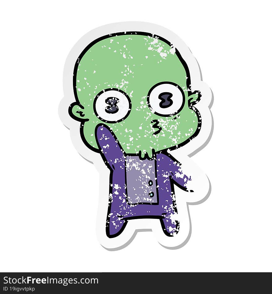 distressed sticker of a waving weird bald spaceman