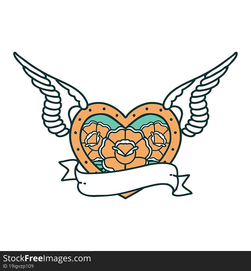 iconic tattoo style image of a flying heart with flowers and banner. iconic tattoo style image of a flying heart with flowers and banner