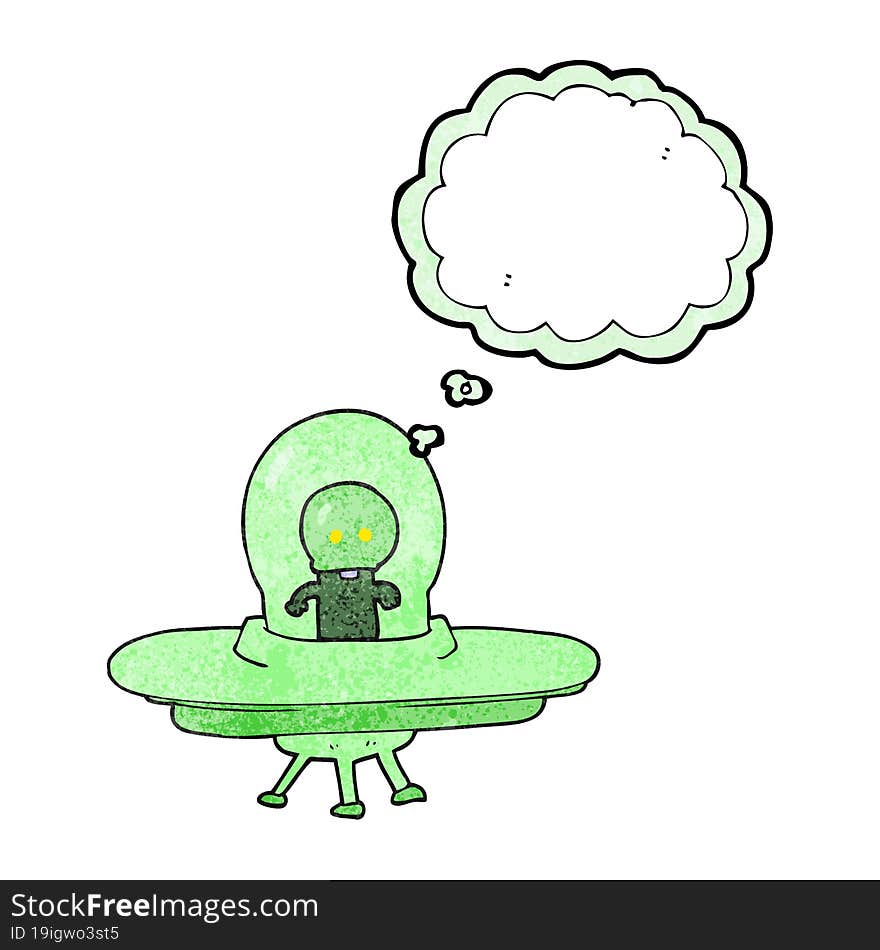 thought bubble textured cartoon alien in flying saucer