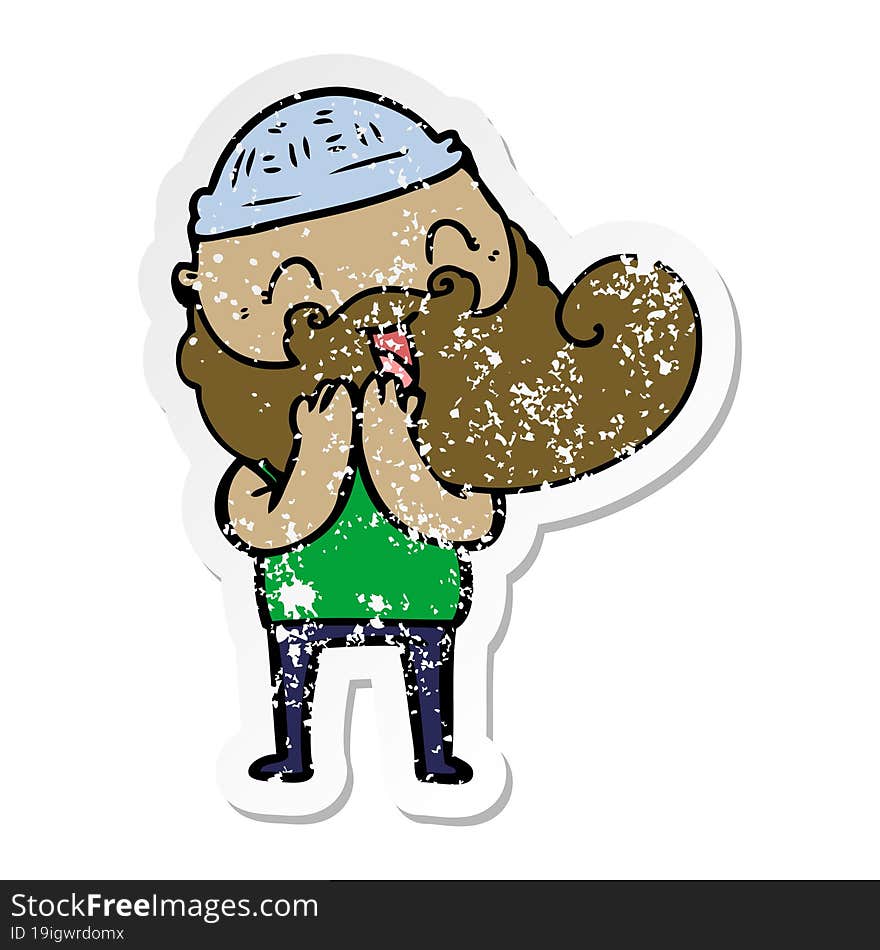 distressed sticker of a happy bearded man laughing