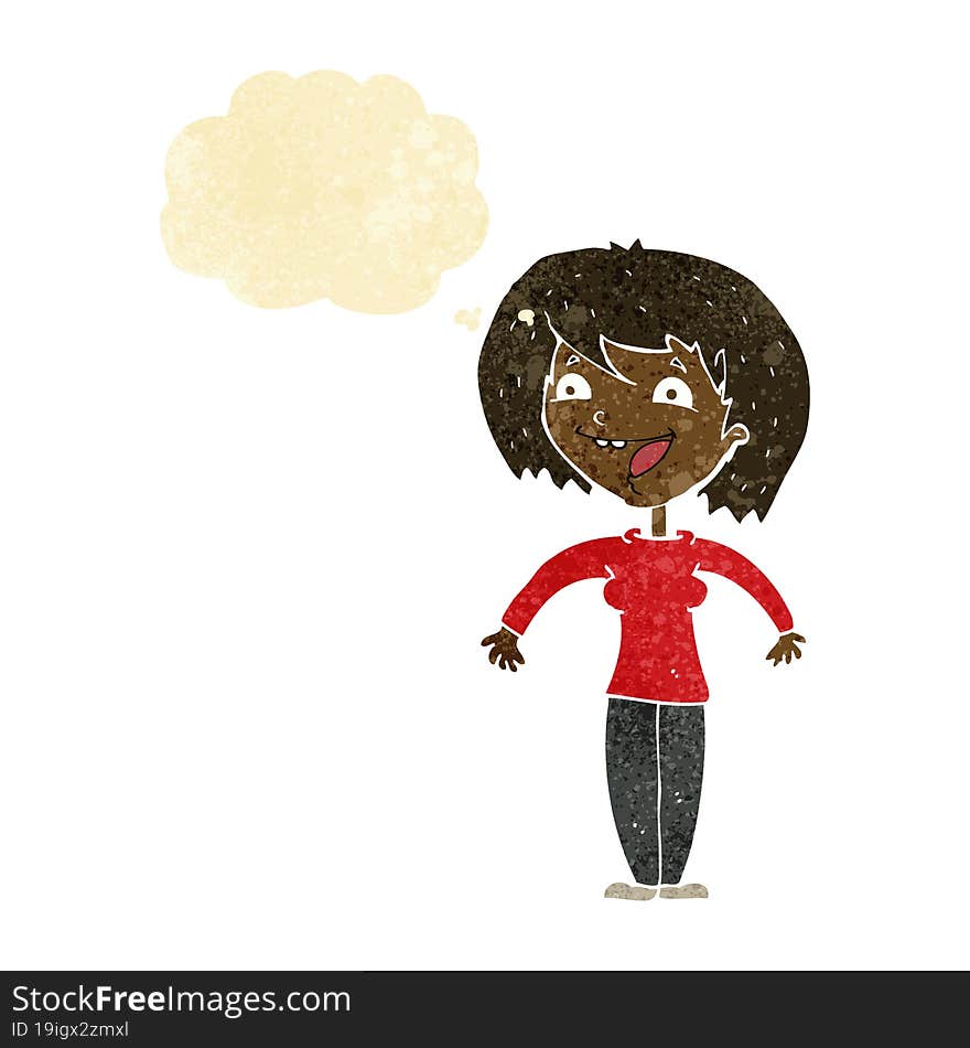 cartoon excited woman with thought bubble