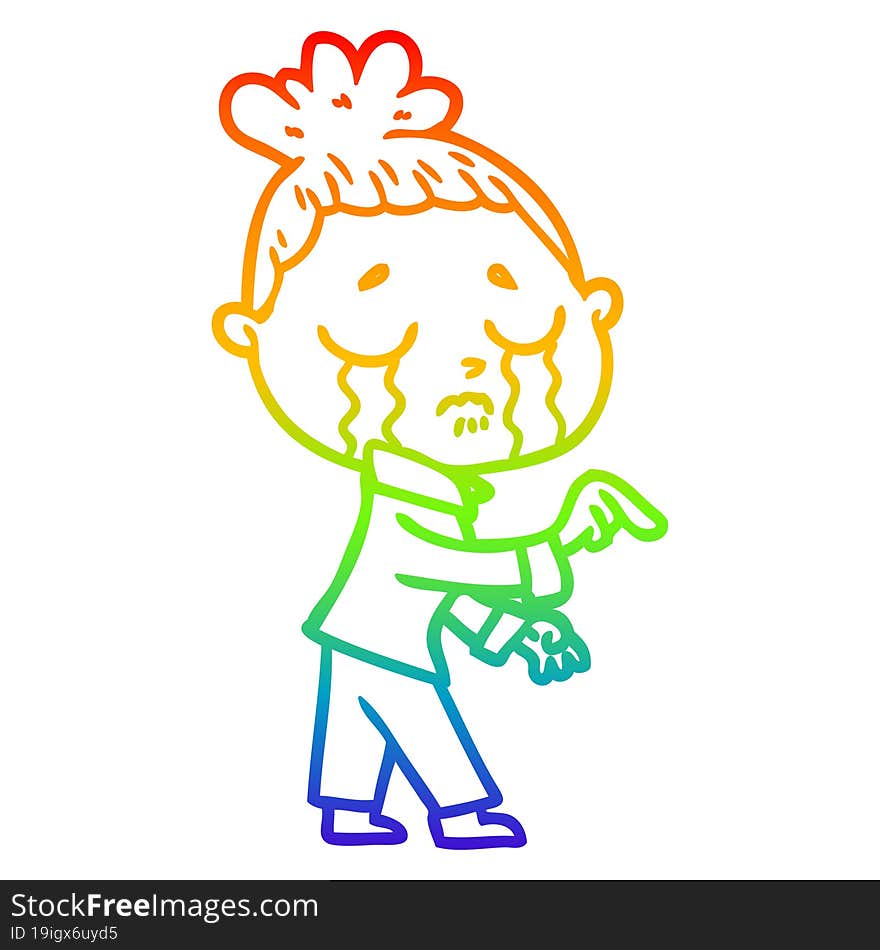 rainbow gradient line drawing cartoon crying woman pointing