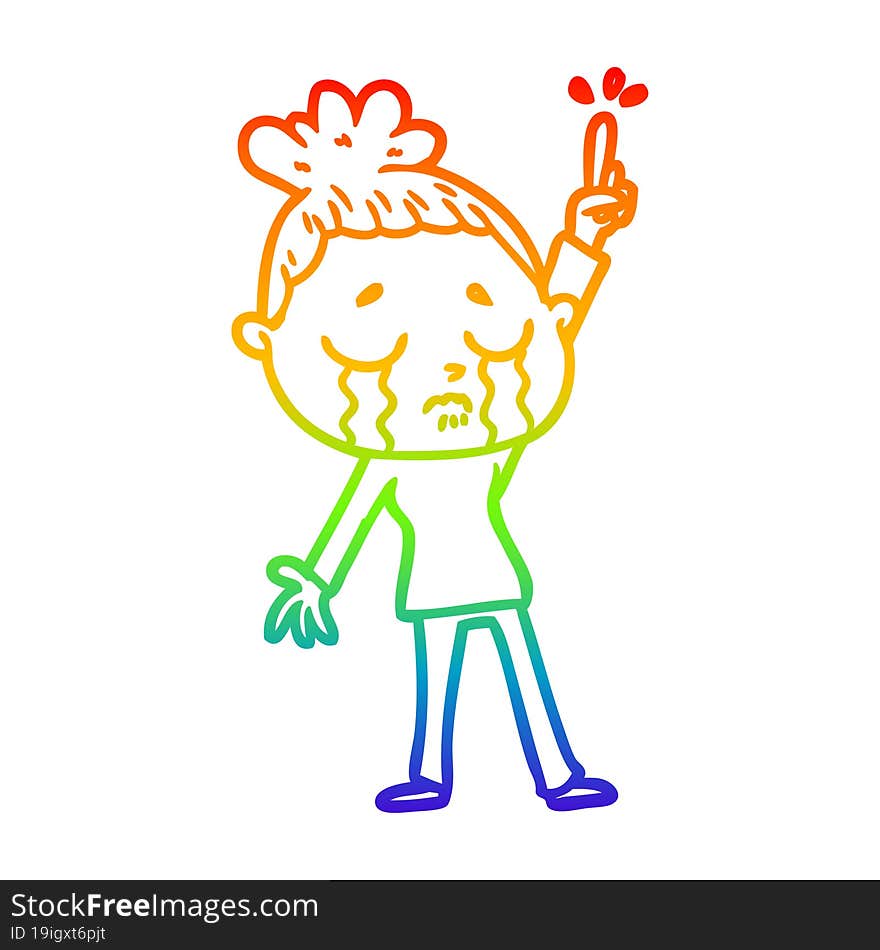 rainbow gradient line drawing of a cartoon crying woman raising hand