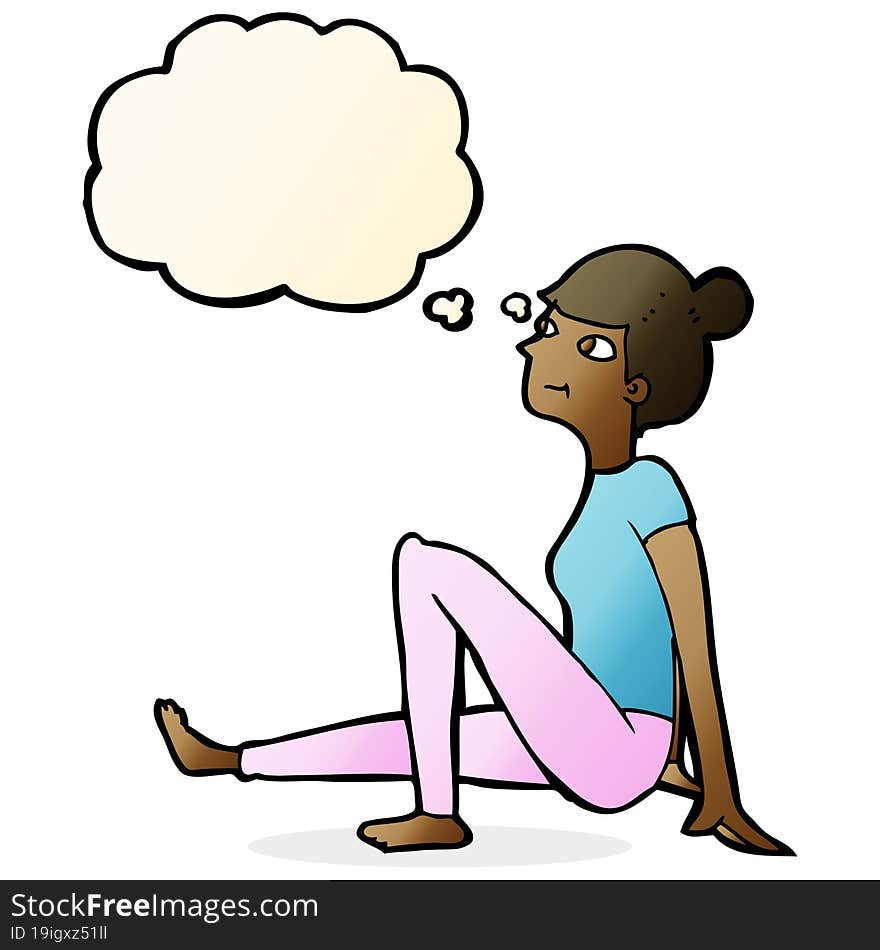 cartoon woman sitting with thought bubble