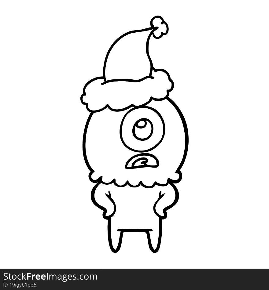 line drawing of a cyclops alien spaceman wearing santa hat