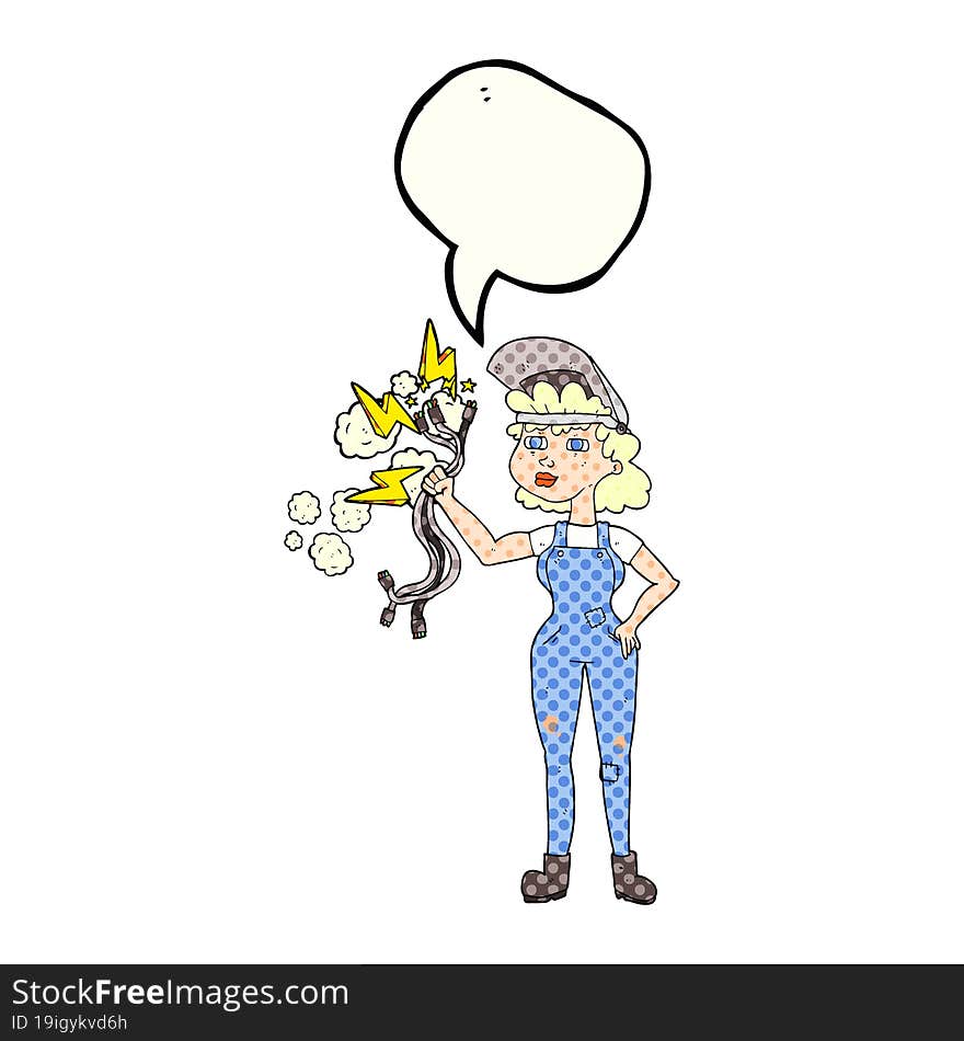 freehand drawn comic book speech bubble cartoon electrician woman