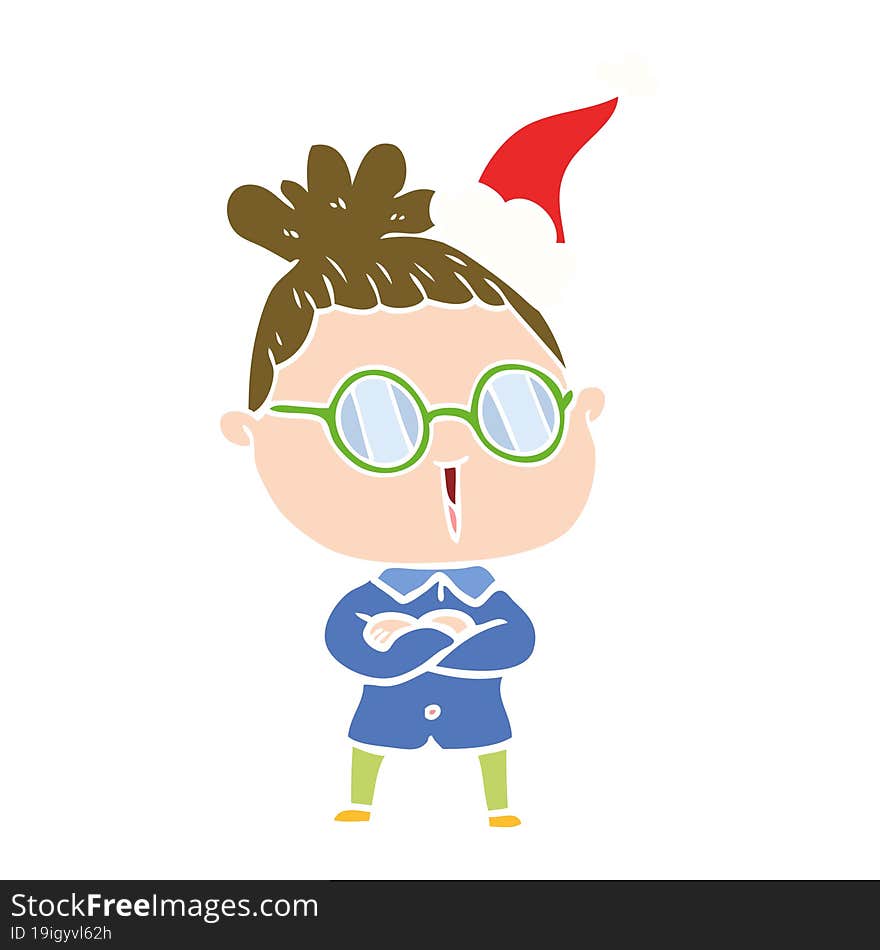 flat color illustration of a woman wearing spectacles wearing santa hat