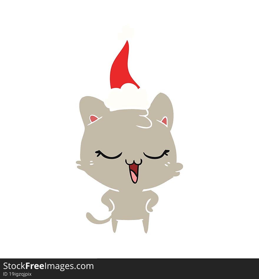 Happy Flat Color Illustration Of A Cat Wearing Santa Hat