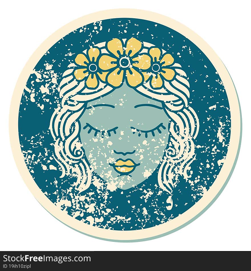 distressed sticker tattoo style icon of a maidens face