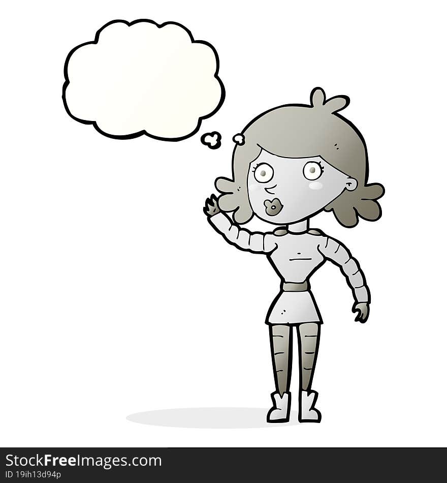 Cartoon Robot Woman Waving With Thought Bubble