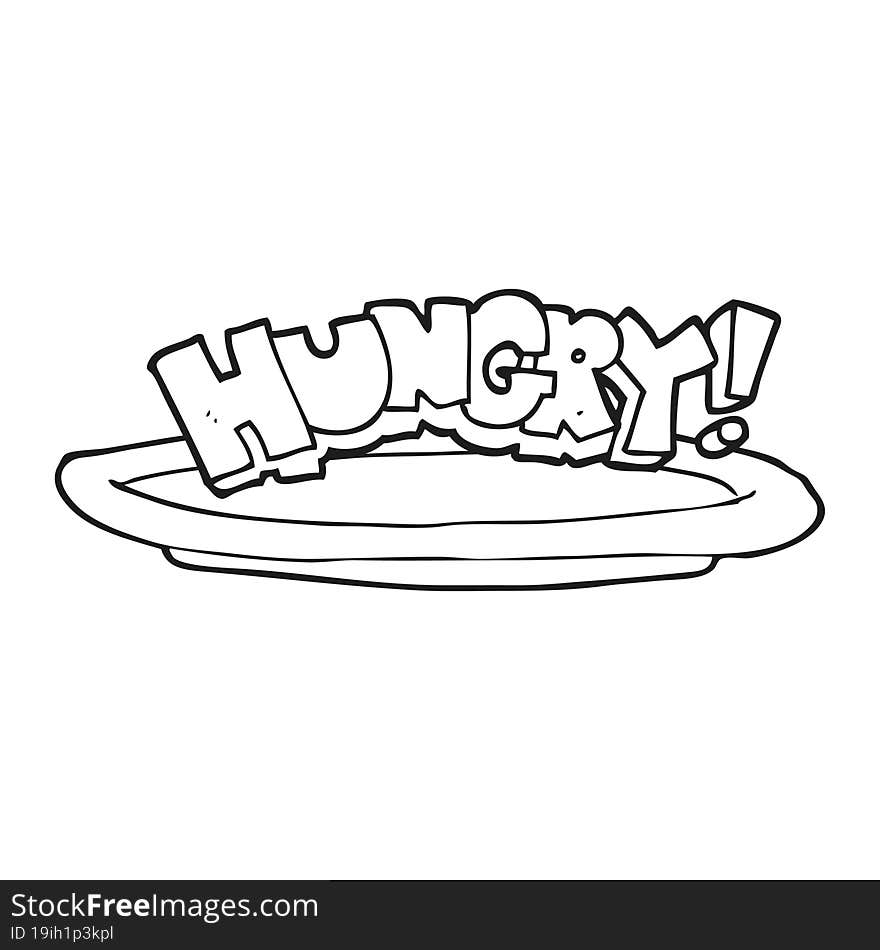 Black And White Cartoon Empty Plate With Hungry Symbol