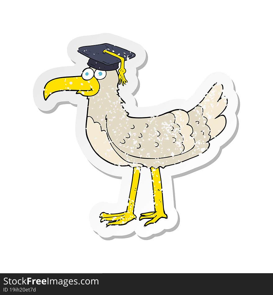 retro distressed sticker of a cartoon seagull with graduate cap