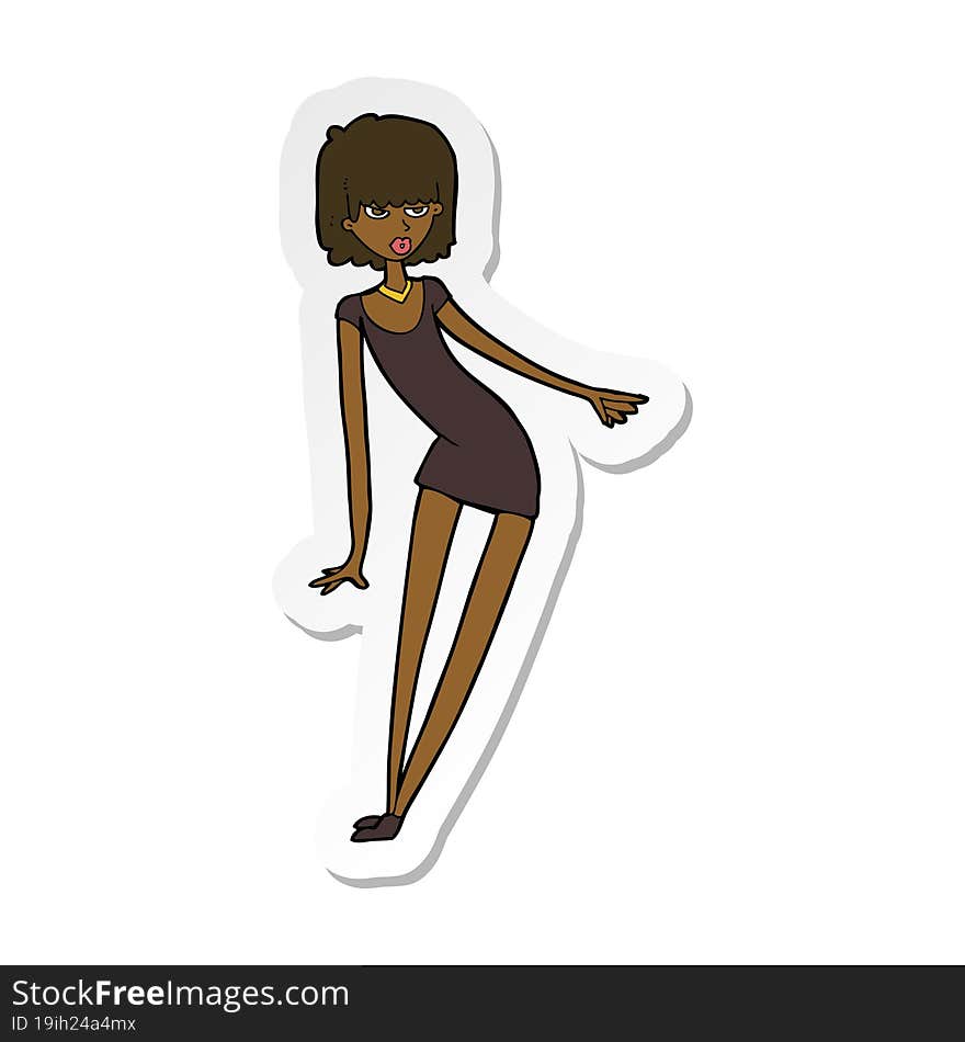 sticker of a cartoon woman in dress leaning