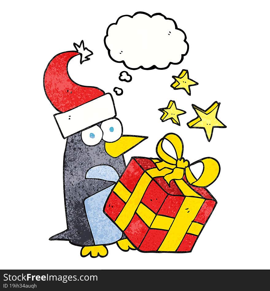 Thought Bubble Textured Cartoon Christmas Penguin With Present