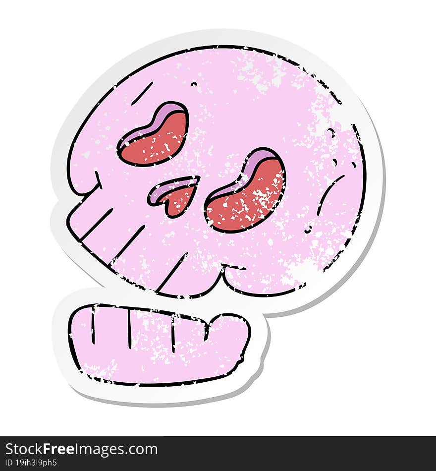 distressed sticker of a quirky hand drawn cartoon skull