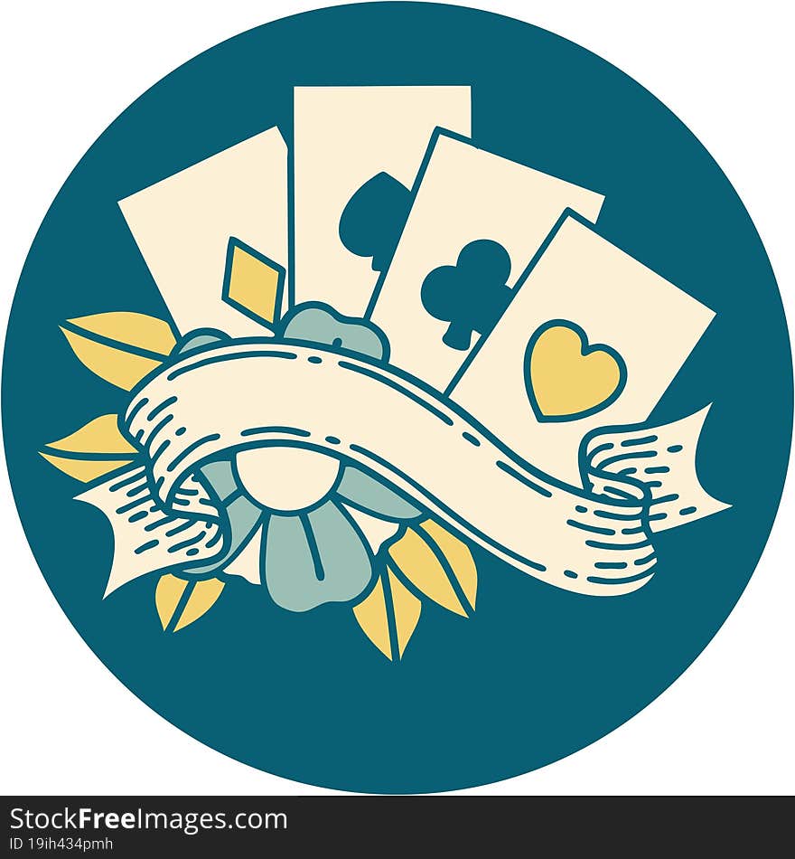 iconic tattoo style image of cards and banner. iconic tattoo style image of cards and banner