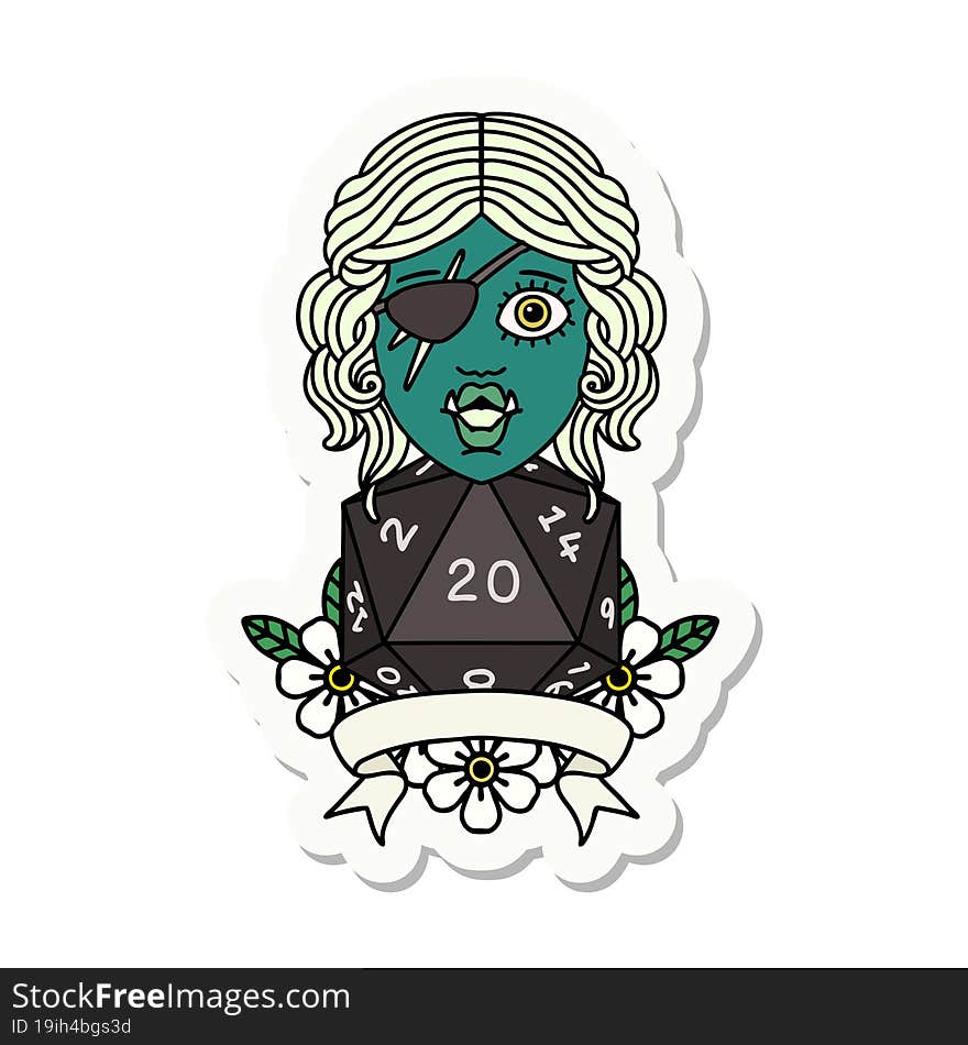 half orc rogue character with natural twenty dice roll sticker