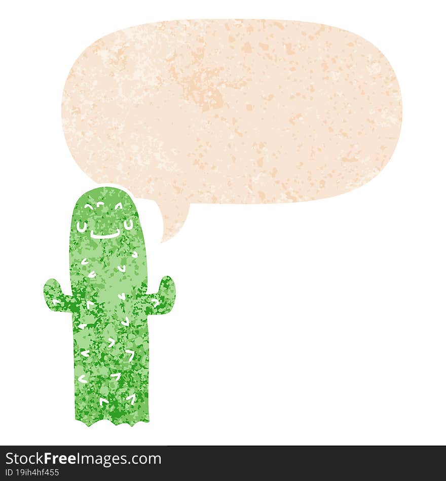 cartoon cactus and speech bubble in retro textured style