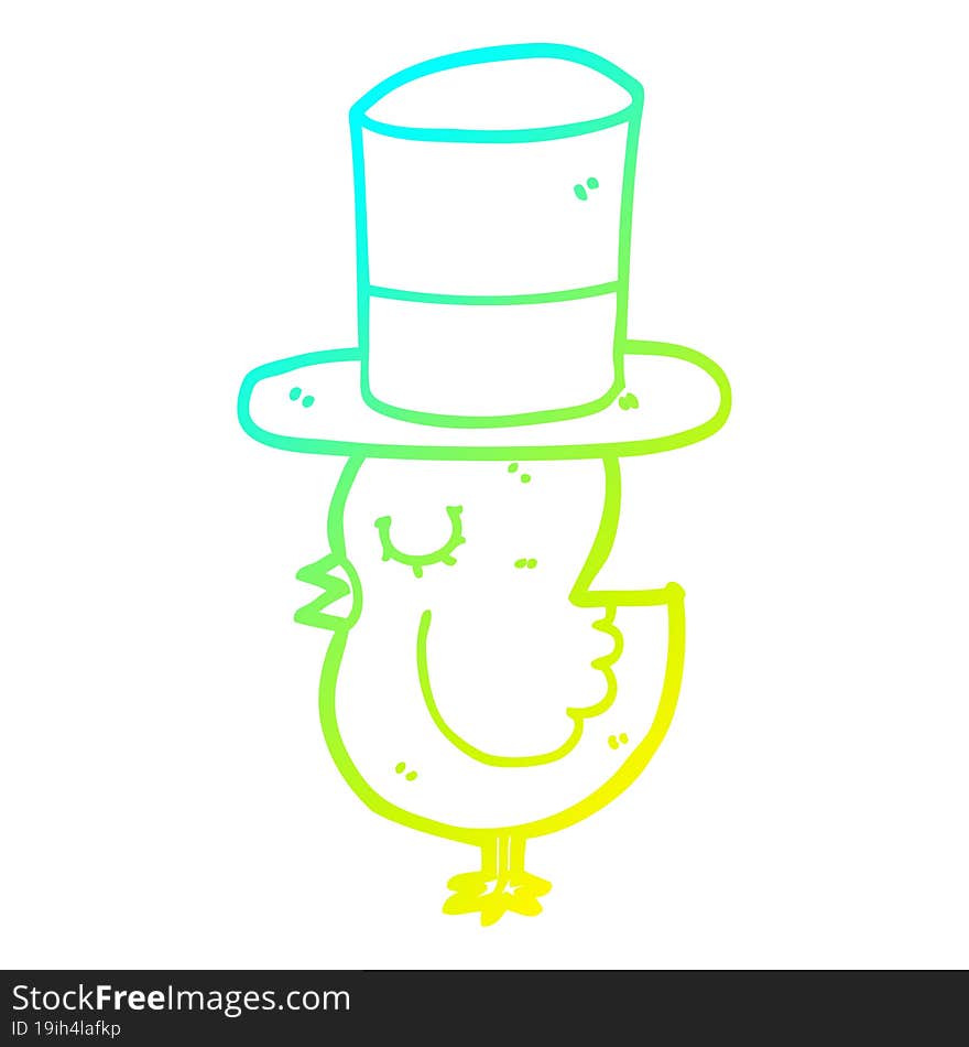 cold gradient line drawing of a cartoon bird wearing top hat