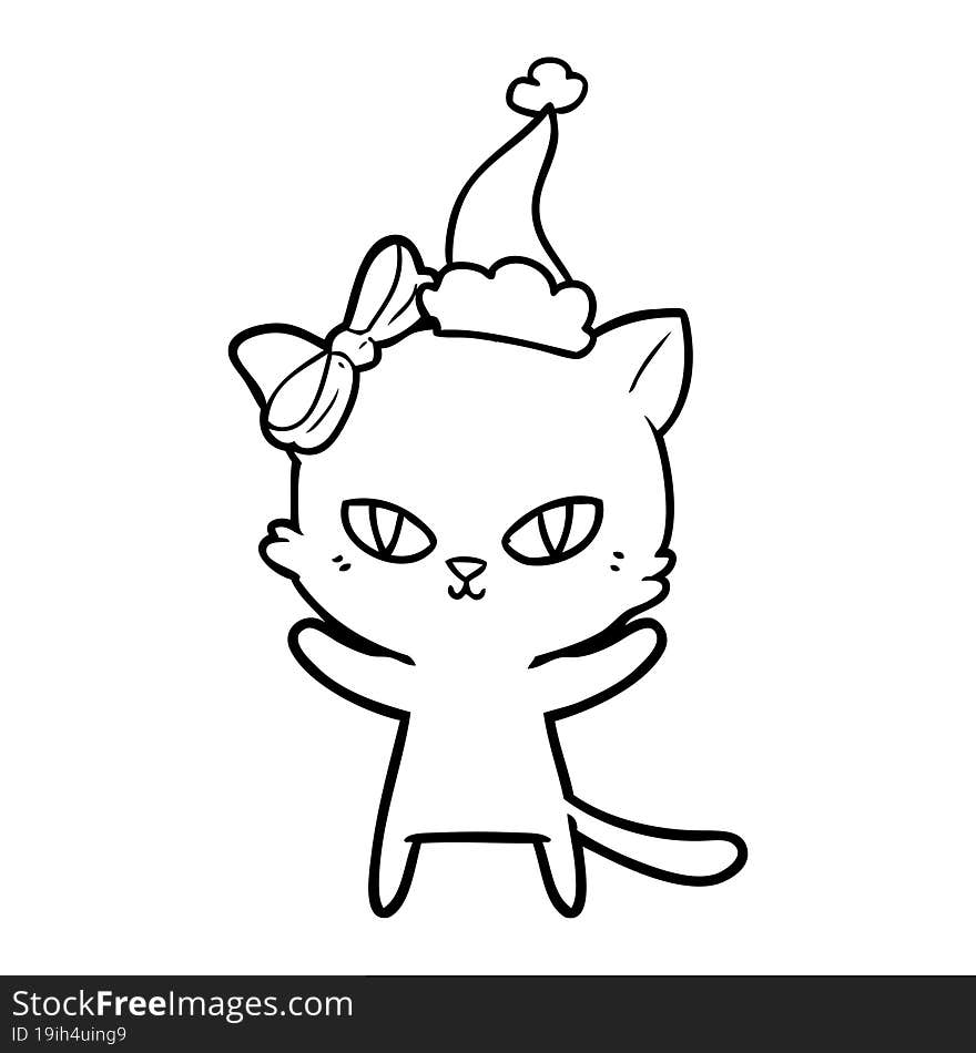 Cute Line Drawing Of A Cat Wearing Santa Hat