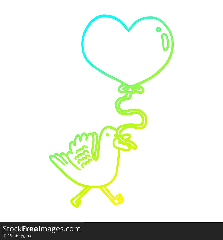 Cold Gradient Line Drawing Cartoon Bird With Heart Balloon