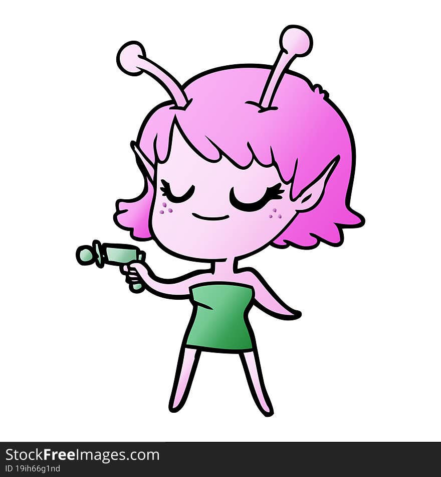 smiling alien girl cartoon pointing ray gun. smiling alien girl cartoon pointing ray gun