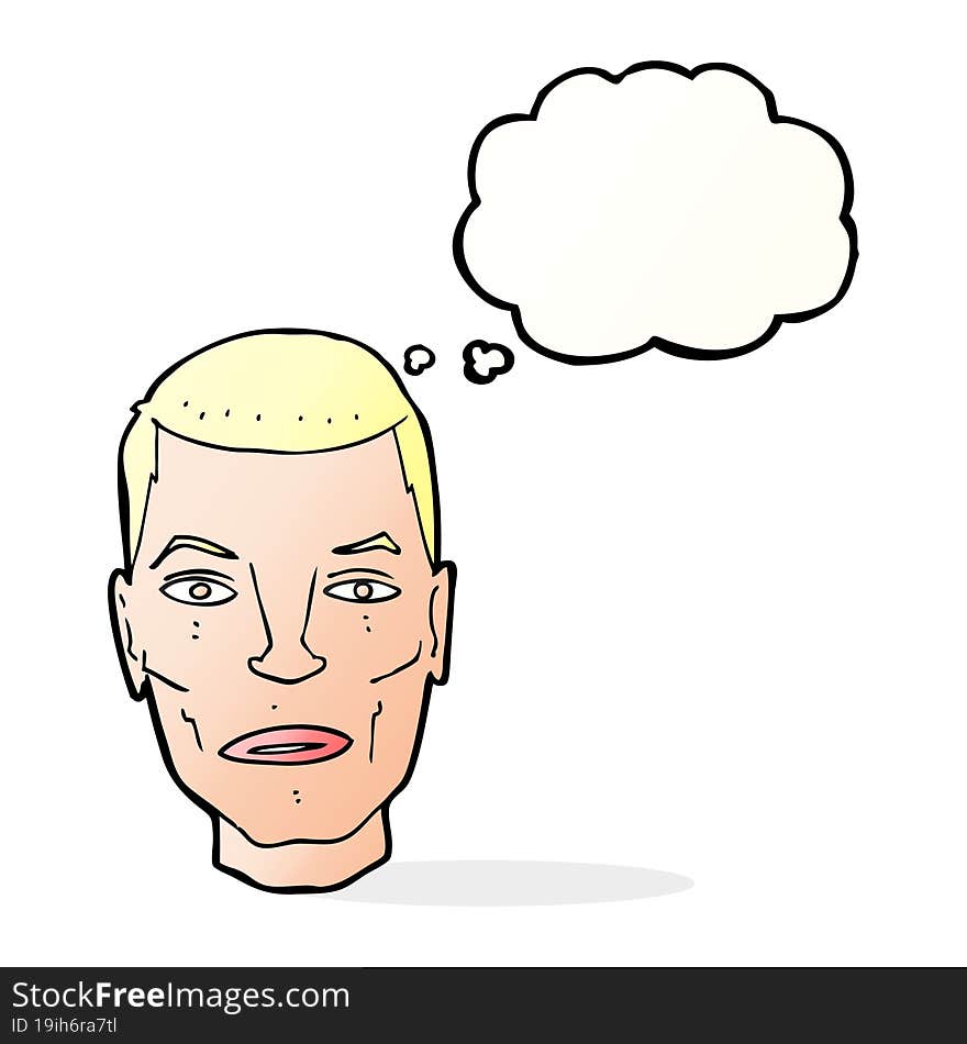 cartoon serious male face with thought bubble