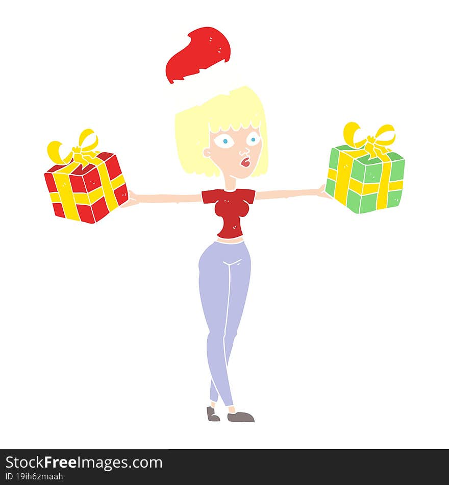 Flat Color Illustration Of A Cartoon Woman With Xmas Presents