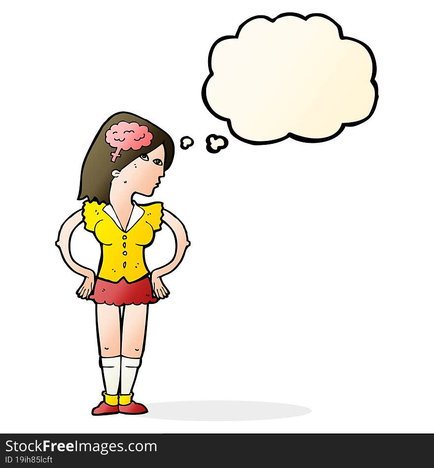 cartoon intelligent woman with thought bubble