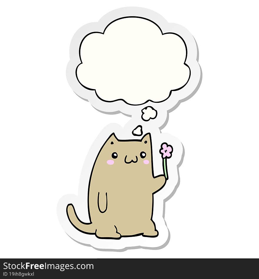 cute cartoon cat with flower with thought bubble as a printed sticker