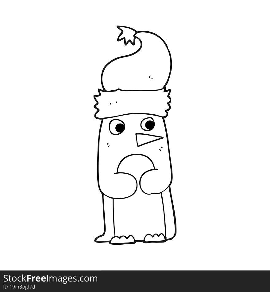 Black And White Cartoon Penguin In Christmas Hat