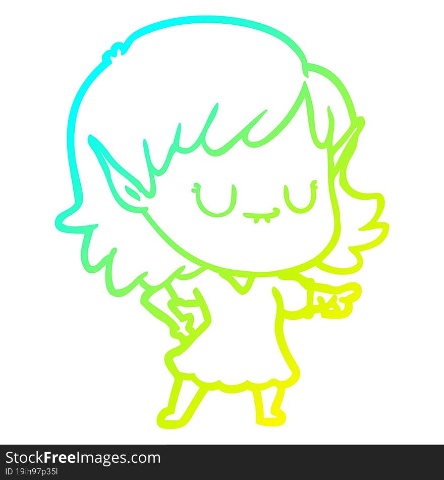 cold gradient line drawing of a happy cartoon elf girl wearing dress