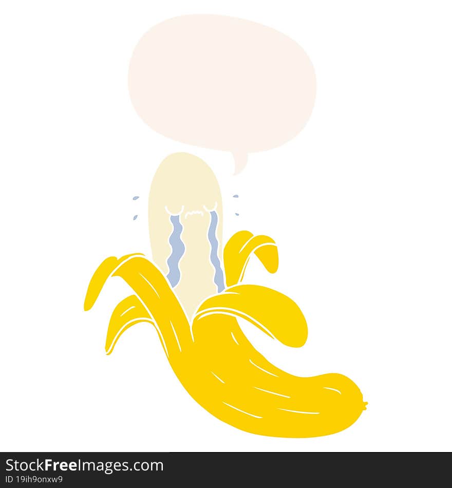 cartoon crying banana and speech bubble in retro style