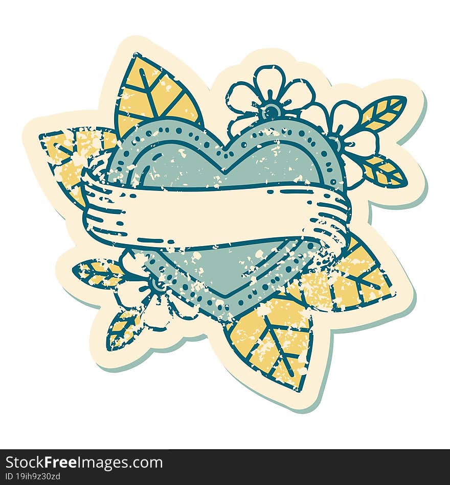 Distressed Sticker Tattoo Style Icon Of A Heart And Banner