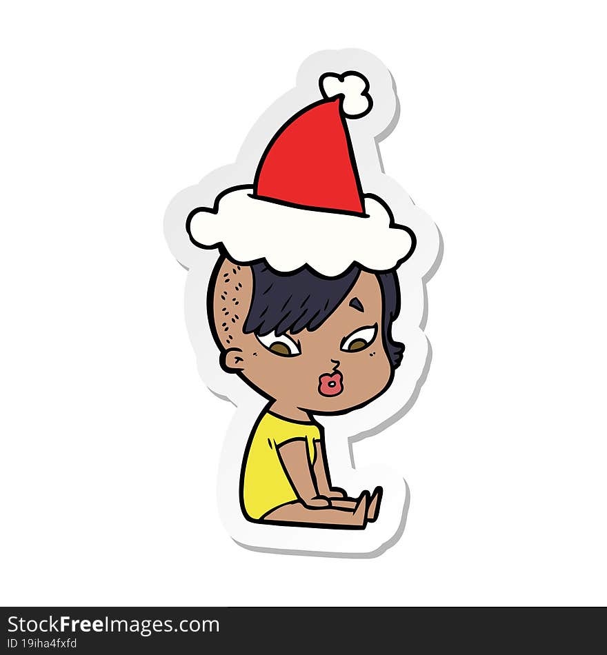 sticker cartoon of a surprised girl wearing santa hat