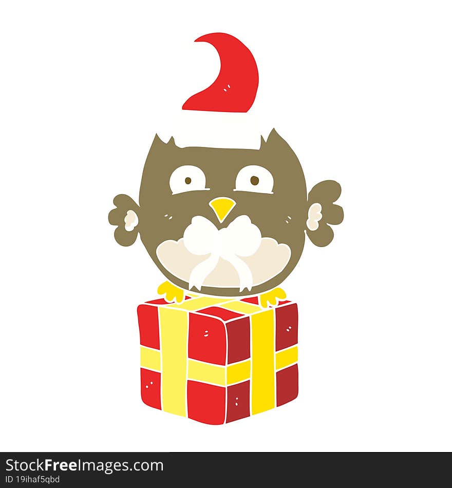 flat color illustration of a cartoon christmas owl