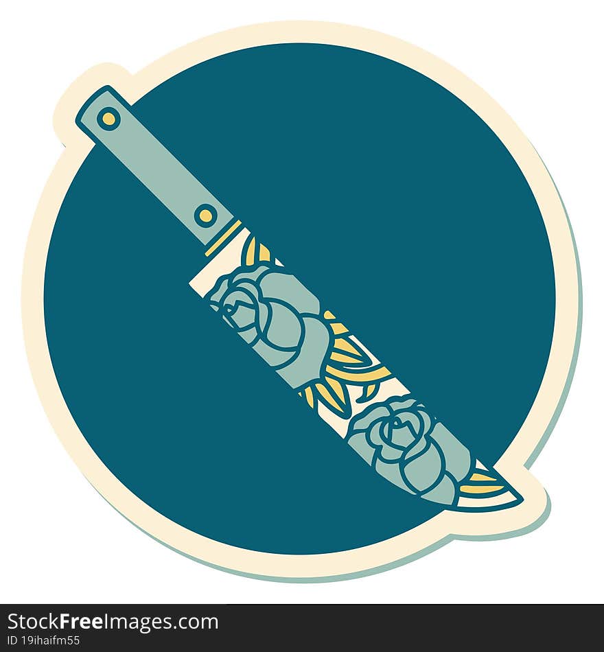 sticker of tattoo in traditional style of a dagger and flowers. sticker of tattoo in traditional style of a dagger and flowers