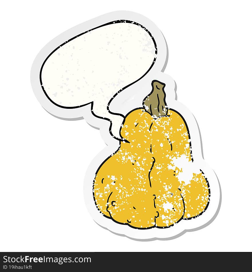 cartoon squash with speech bubble distressed distressed old sticker. cartoon squash with speech bubble distressed distressed old sticker