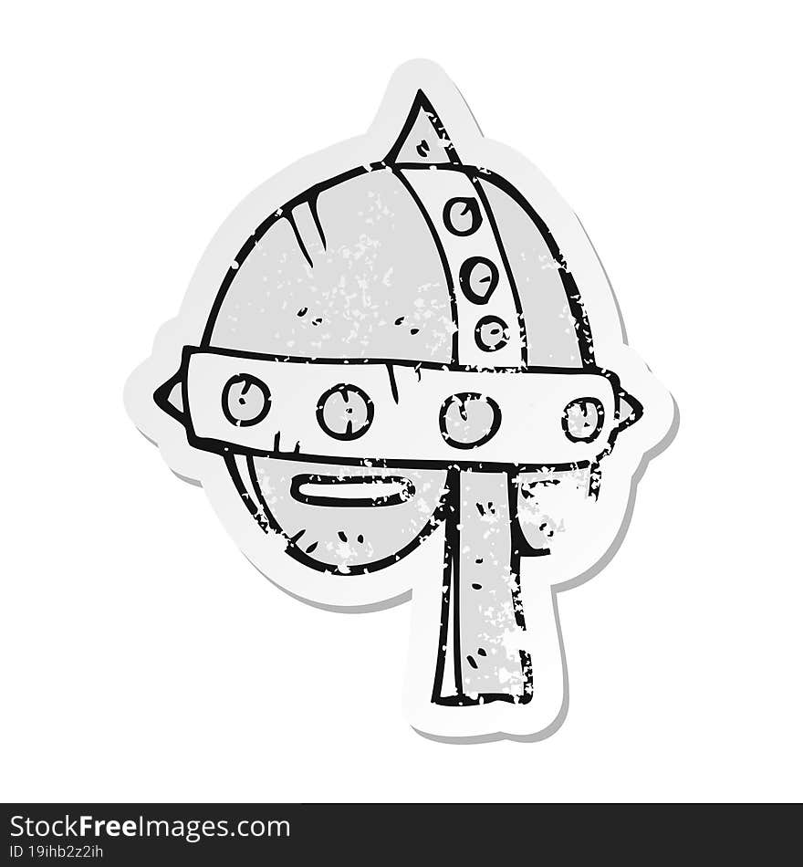 Retro Distressed Sticker Of A Cartoon Medieval Helmet