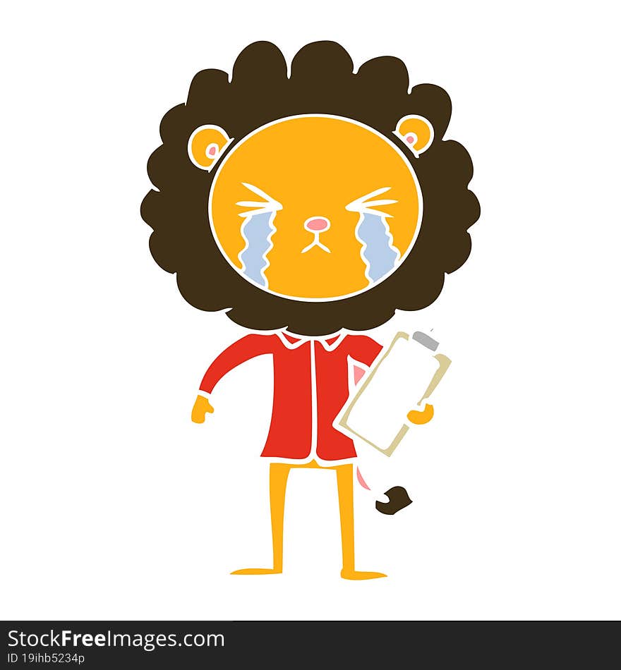 flat color style cartoon crying lion with clipboard