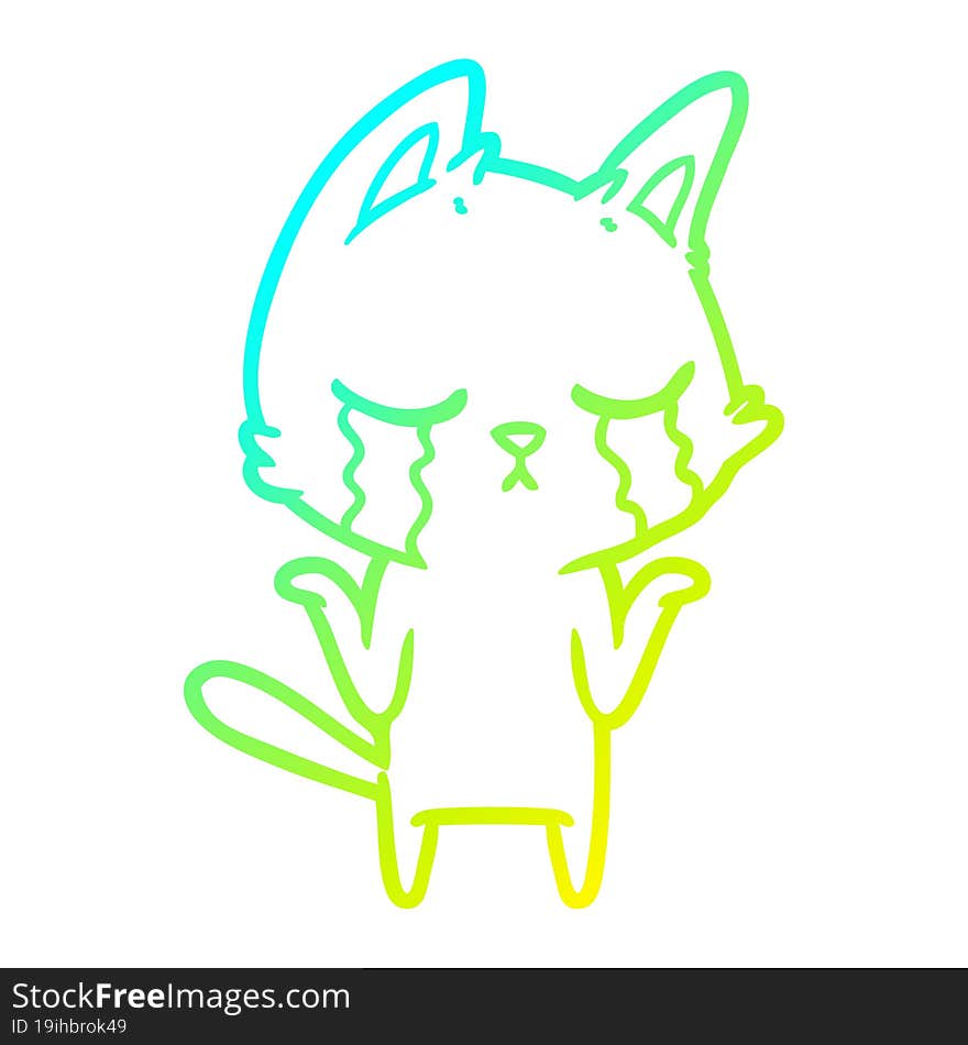 cold gradient line drawing crying cartoon cat shrugging