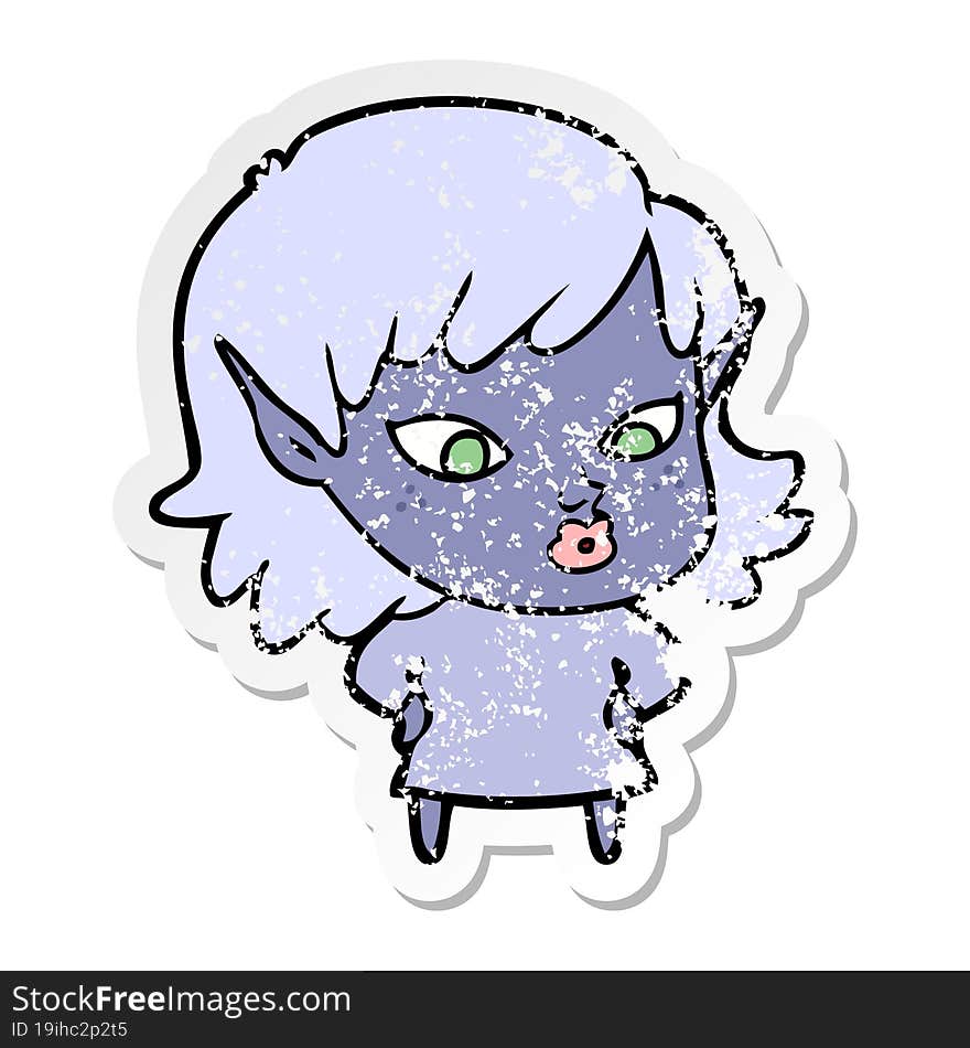 distressed sticker of a pretty cartoon elf girl