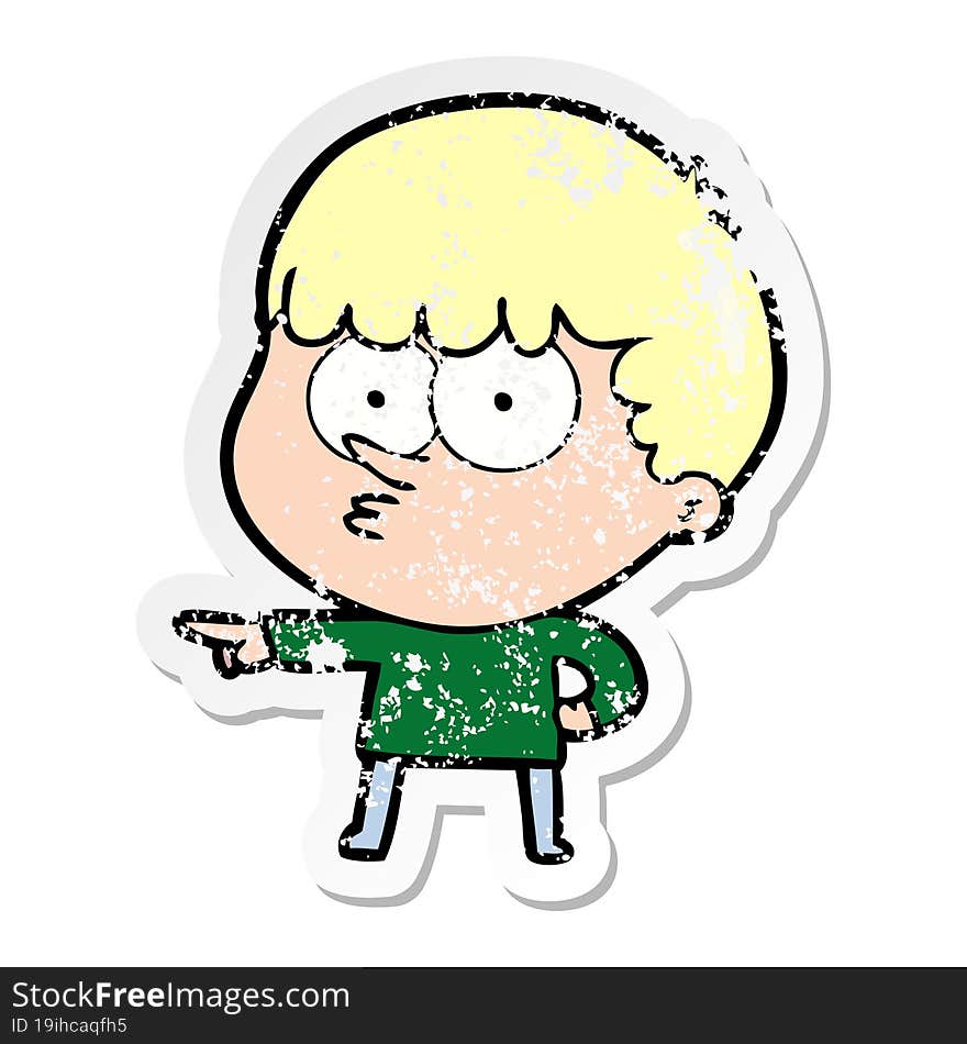 Distressed Sticker Of A Cartoon Pointing Boy