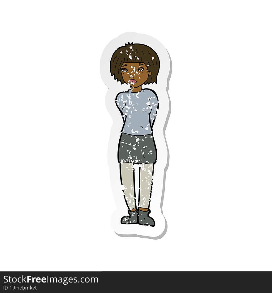 Retro Distressed Sticker Of A Cartoon Shy Woman