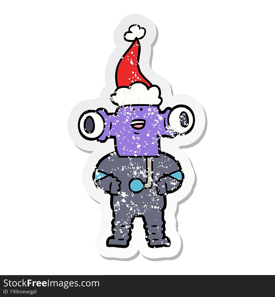 Friendly Distressed Sticker Cartoon Of A Alien Wearing Santa Hat