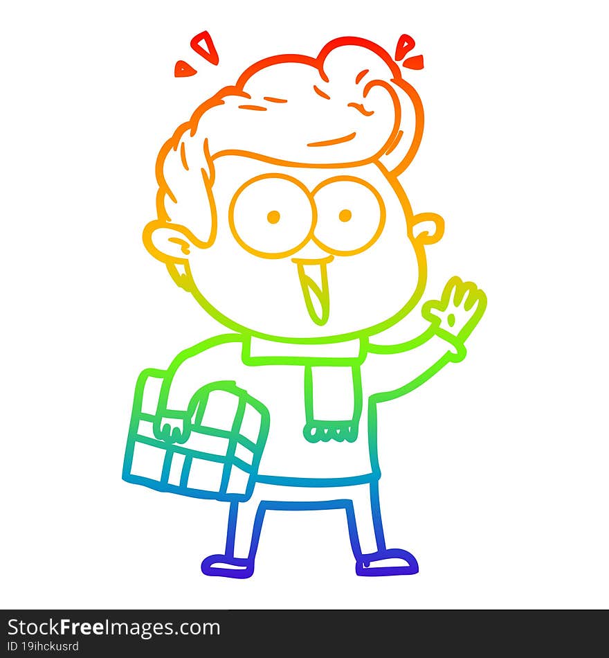 rainbow gradient line drawing of a cartoon excited man with present