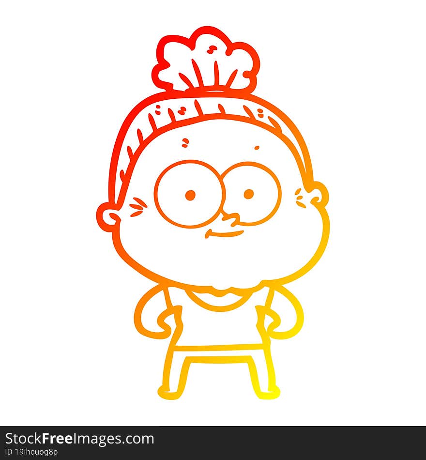 warm gradient line drawing of a cartoon happy old woman