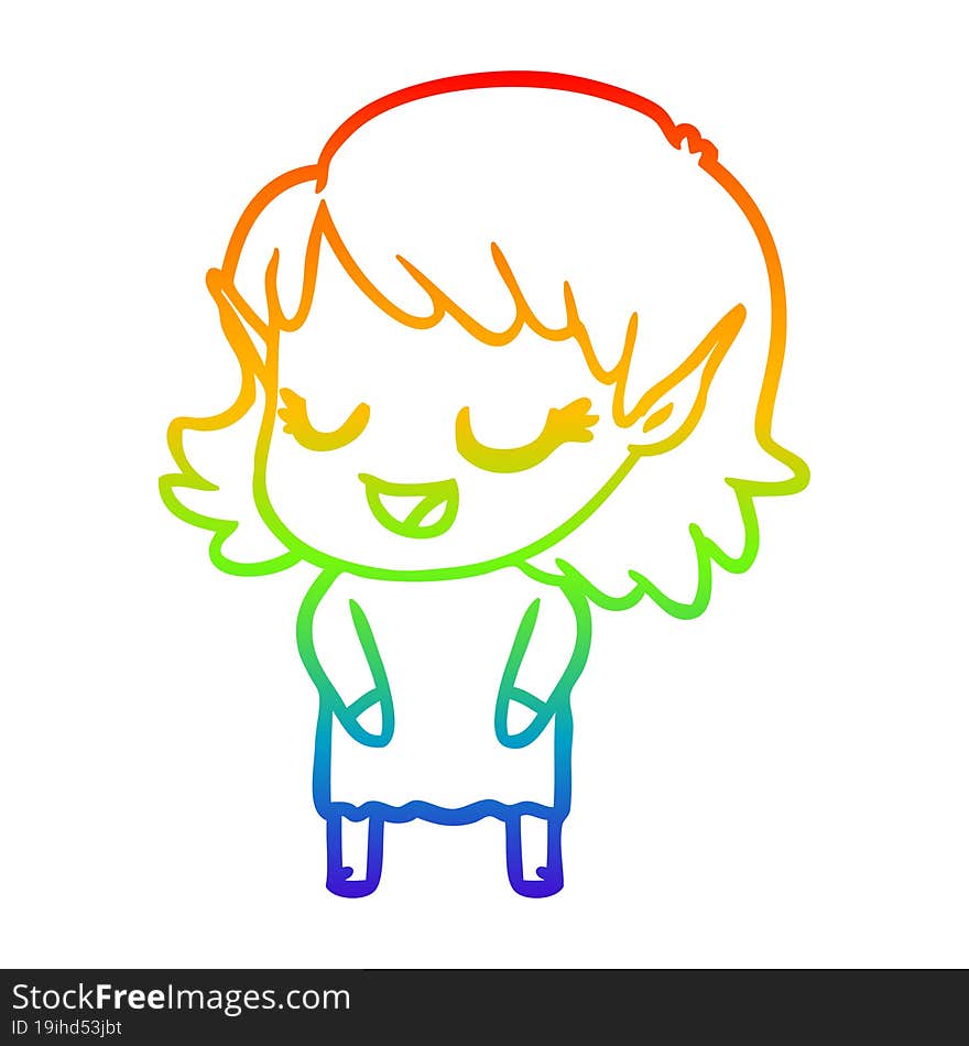 Rainbow Gradient Line Drawing Happy Cartoon Elf Girl