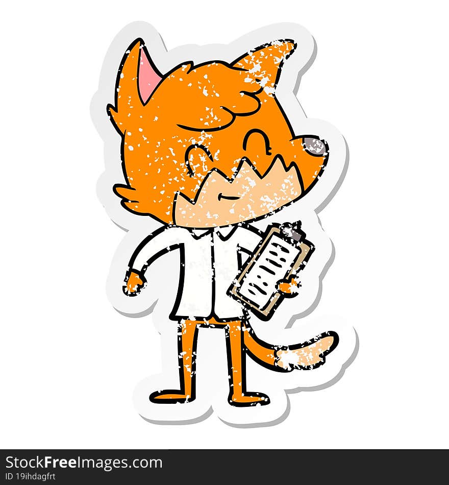 distressed sticker of a cartoon friendly fox manager